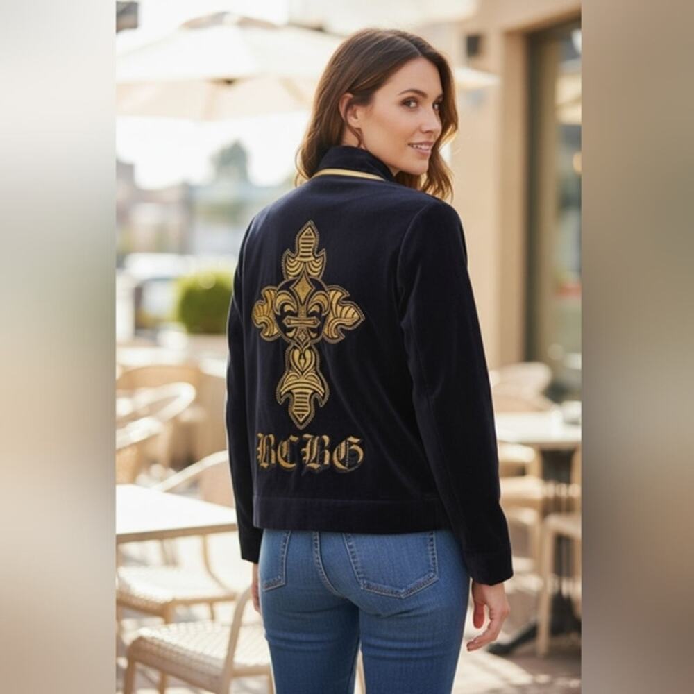 BCBG MaxAzria Velour Track Zip Jacket Sz L BLACK Embellished Gold Cross Buttons